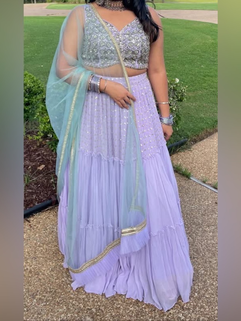 Lilac Beaded Lehenga with Mint Green Dupatta
